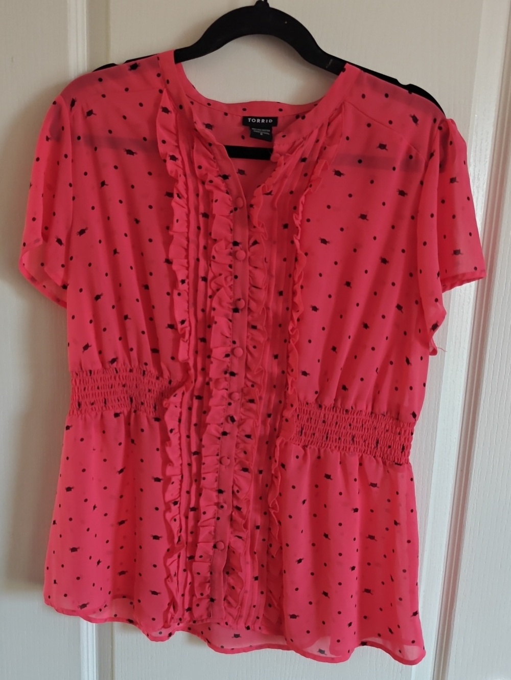 torrid Hot Pink Ruffle-Front Peplum Top with Black Dot Print